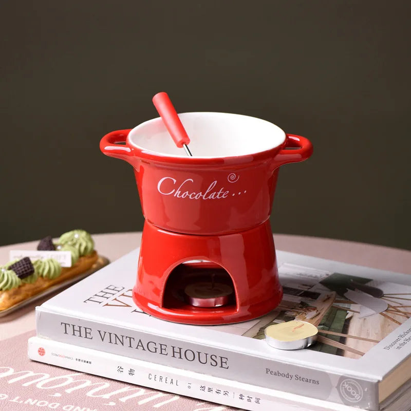 Chocolate Fondue Mug - Ceramic Melting Cup with Candle & Fork for Desserts