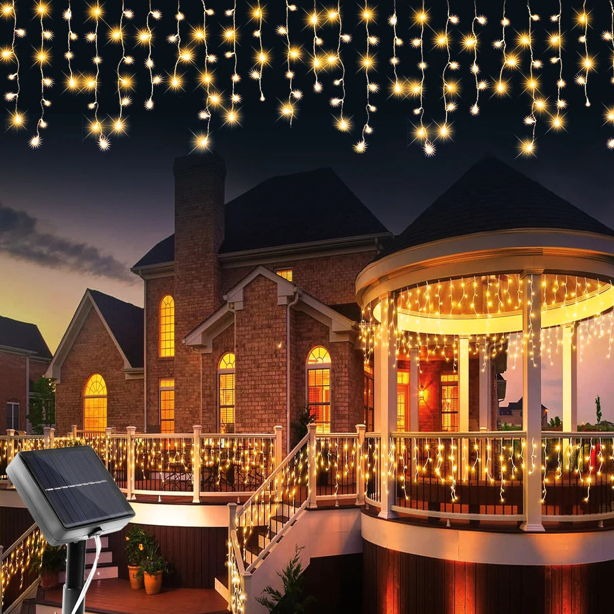 Solar Curtain Icicle Lights - Waterproof LED Christmas String Lights Outdoor