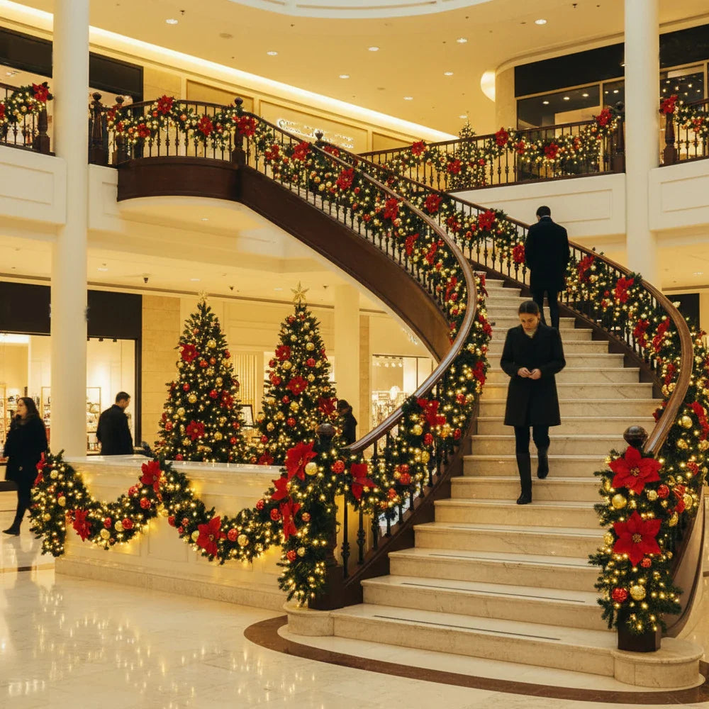 Christmas LED Rattan Garland - 270cm Artificial Wreath with Lights for Xmas Decor