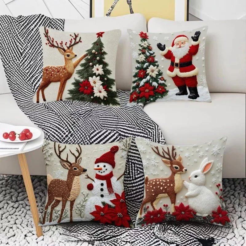 Christmas Throw Pillow Covers - 4-Piece Set 18x18" Holiday Linen Cushion Covers