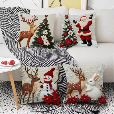 Christmas Throw Pillow Covers - 4-Piece Set 18x18" Holiday Linen Cushion Covers