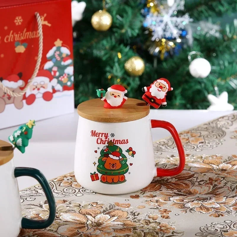 Christmas Ceramic Mug Gift Set - Coffee Cup with Lid & Spoon in Gift Box