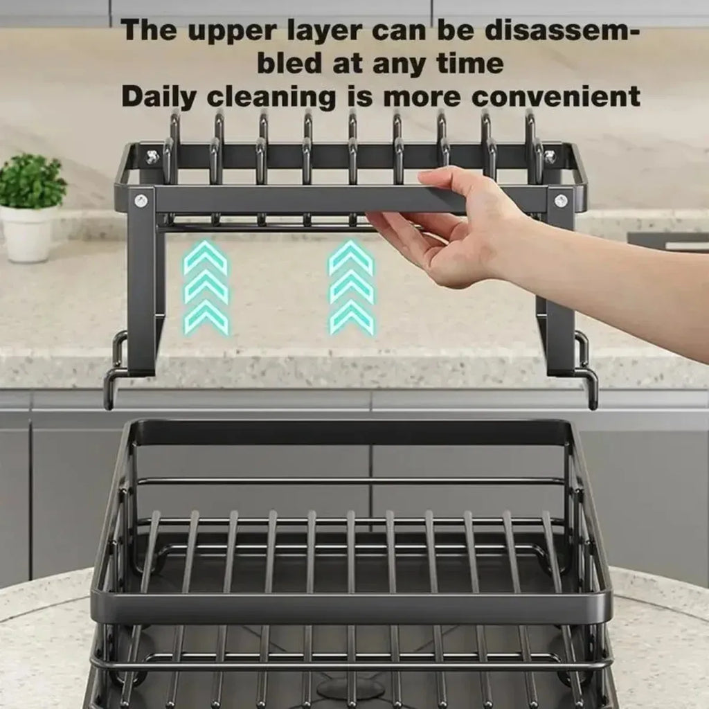 Adjustable Dish Drying Rack - 2-Tier Stainless Steel Kitchen Organizer with Drainer