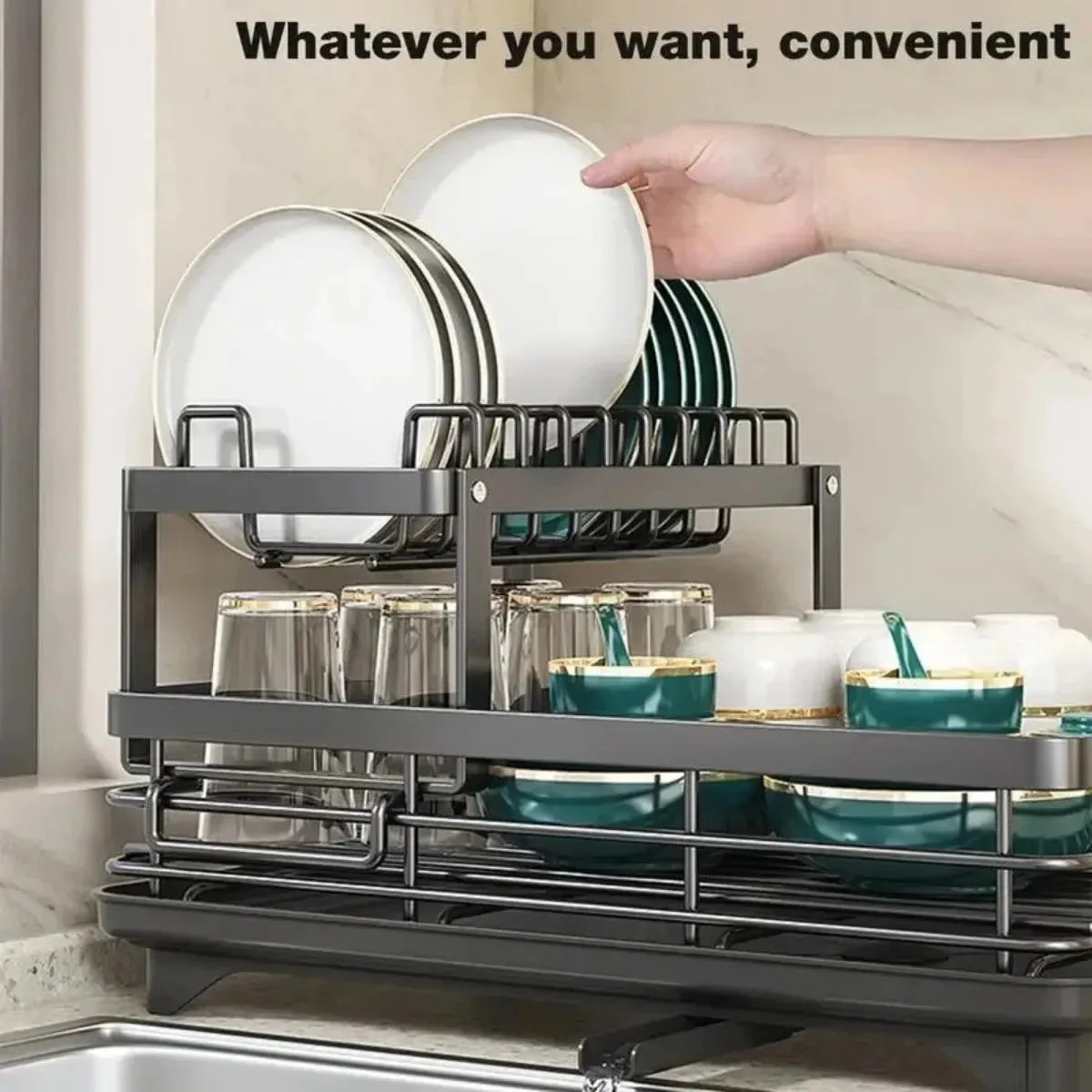 Adjustable Dish Drying Rack - 2-Tier Stainless Steel Kitchen Organizer with Drainer