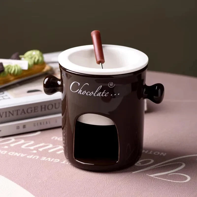 Chocolate Fondue Mug - Ceramic Melting Cup with Candle & Fork for Desserts