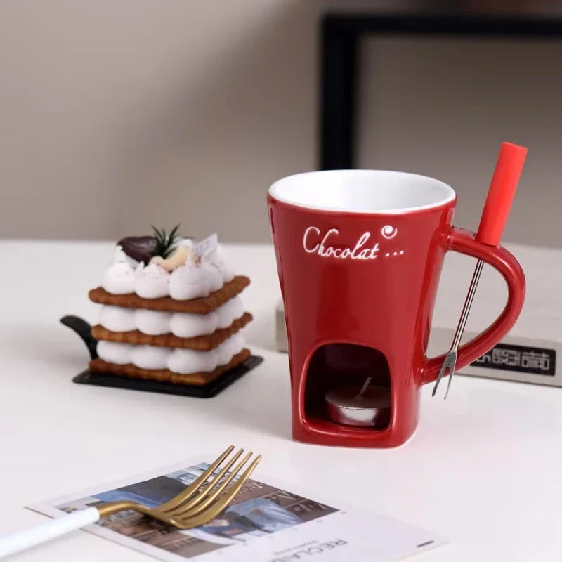 Chocolate Fondue Mug - Ceramic Melting Cup with Candle & Fork for Desserts