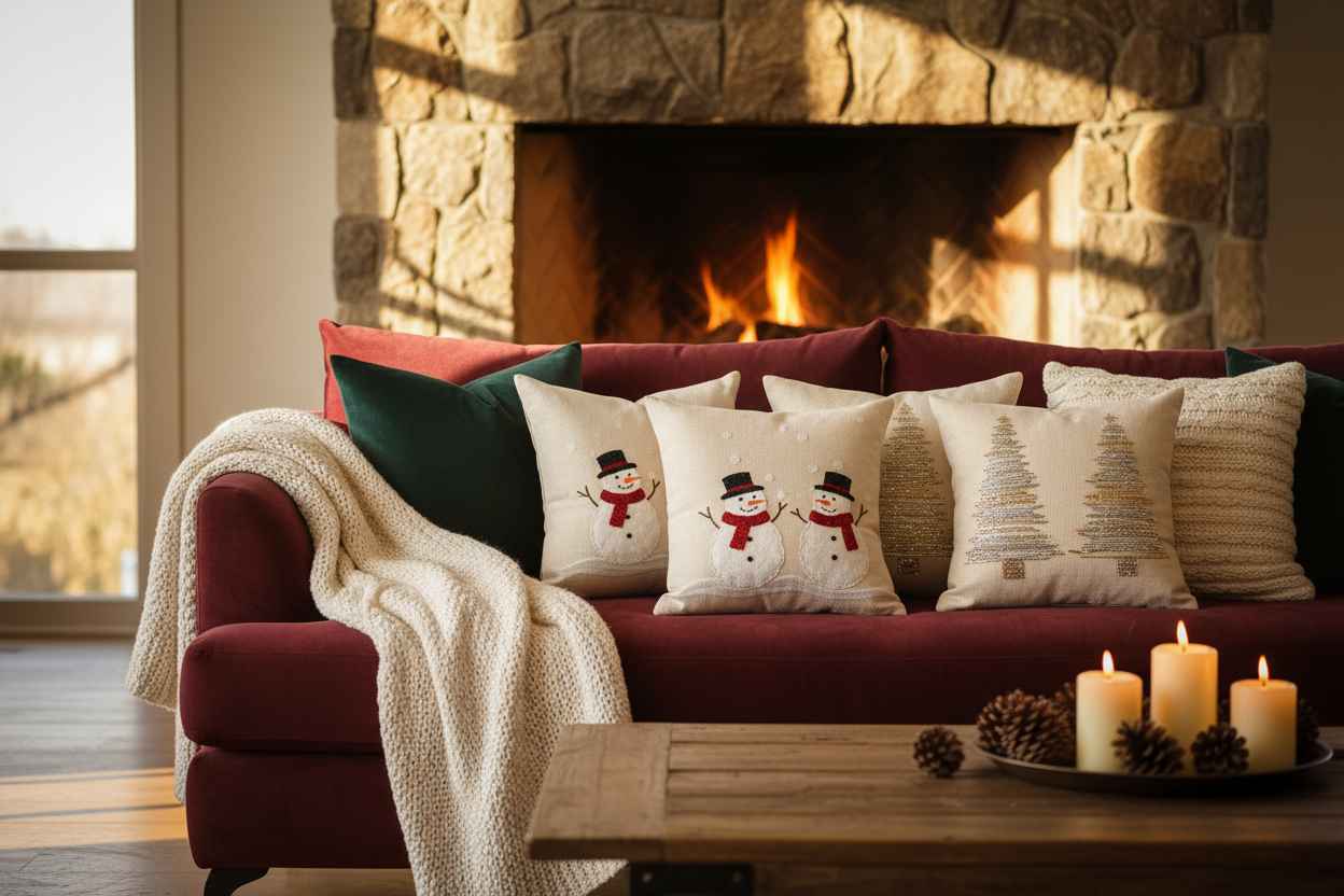 Create an irresistible hero image showing a luxurious holiday home scene that makes people want to buy immediately. Feature a gorgeous sofa or bed with 5-6 premium pillow covers in a curated set - mix winter snowman pillows, Christmas tree designs, velvet solids in burgundy and green, and plush cream textures all coordinated together to show customers how to style multiple sets. Warm, cozy living room with fireplace or bedroom with soft window light. Include visible product details - show the quality of fab