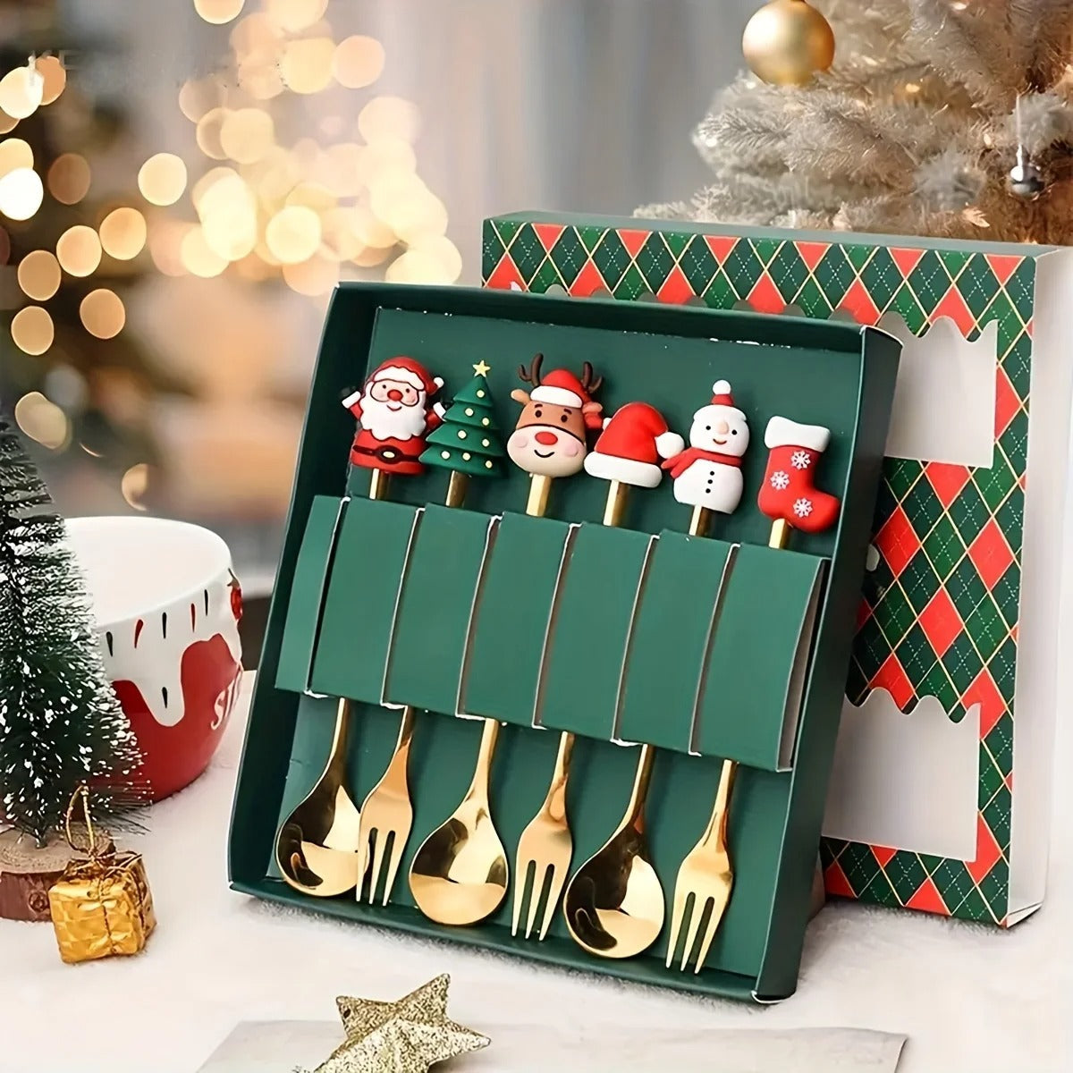 Christmas Spoon & Fork Gift Set - Festive Stainless Steel Cutlery for Holiday Dining