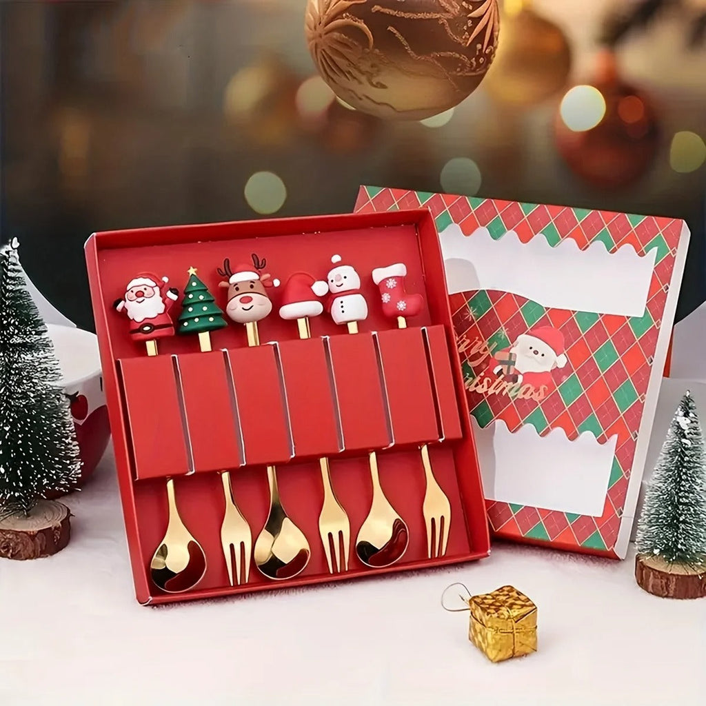 Christmas Spoon & Fork Gift Set - Festive Stainless Steel Cutlery for Holiday Dining