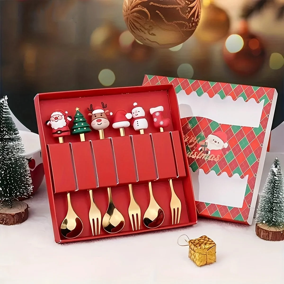 Christmas Spoon & Fork Gift Set - Festive Stainless Steel Cutlery for Holiday Dining