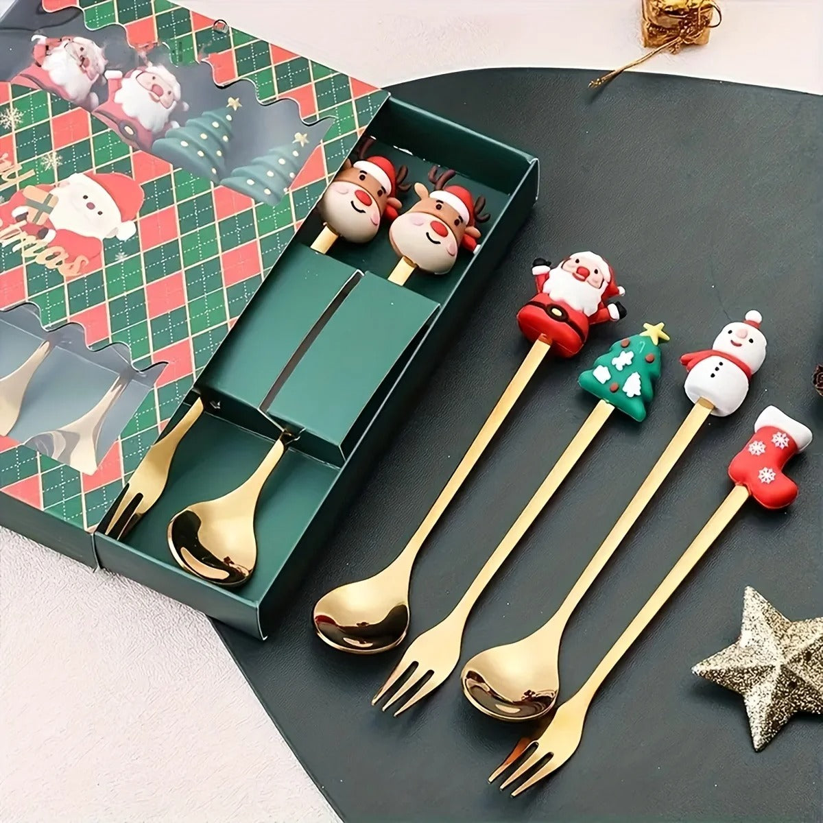 Christmas Spoon & Fork Gift Set - Festive Stainless Steel Cutlery for Holiday Dining