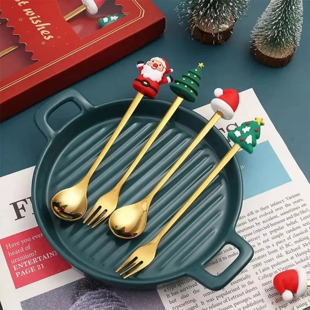 Christmas Spoon & Fork Gift Set - Festive Stainless Steel Cutlery for Holiday Dining